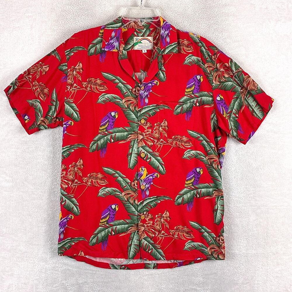 Vintage Paradise Found Shirt Men S Red Parrots Palm Hawaiian Rayon Magnum PI USA